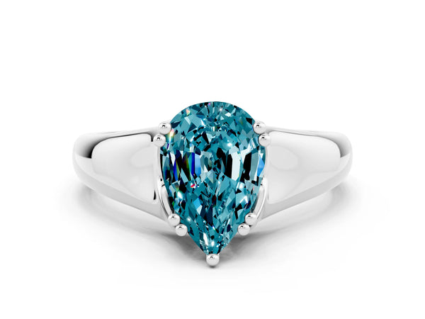 Silver Pear Cut Blue Topaz Solitaire Ring with Wide Band and Prong Setting