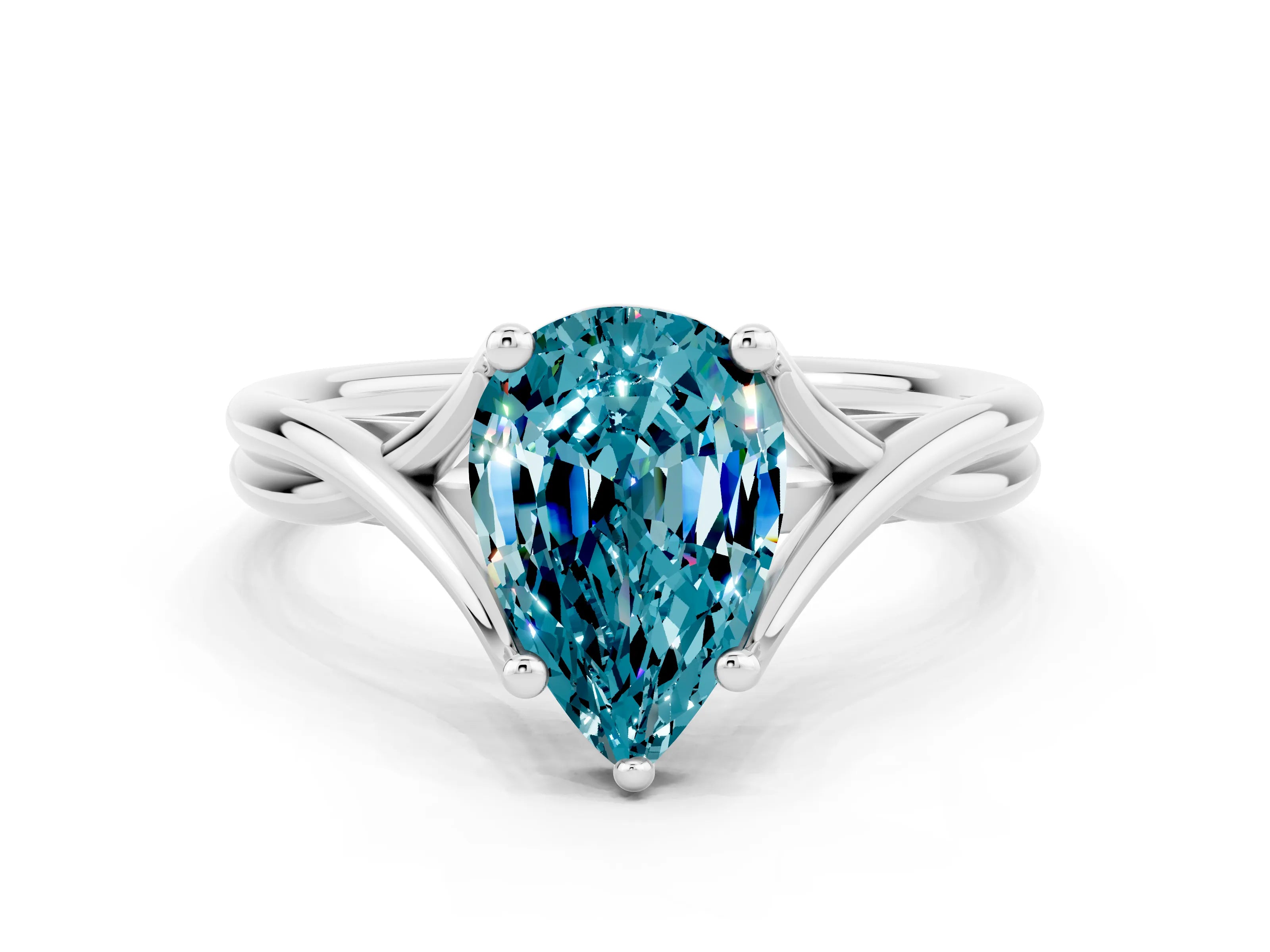 White gold Pear Cut Blue Topaz Solitaire Twist Band Prong Setting Ring_84