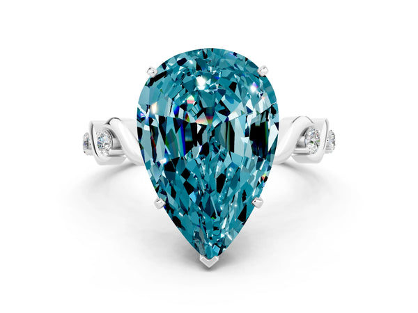 Silver Pear Cut Blue Topaz Solitaire Twisted Band with Round  Accents and Prong Setting