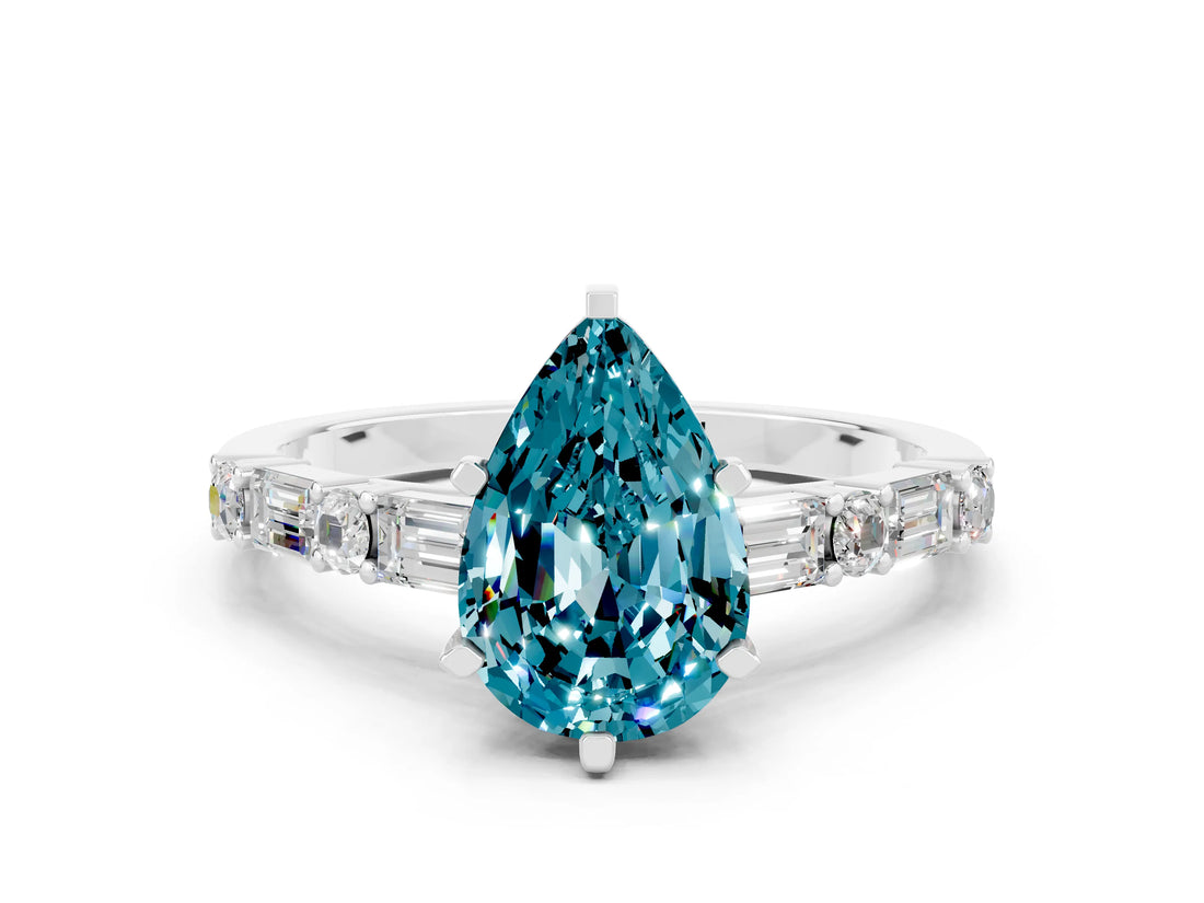 White gold Pear Cut Blue Topaz Solitaire with Side Baguettes and Channel Set Band_32