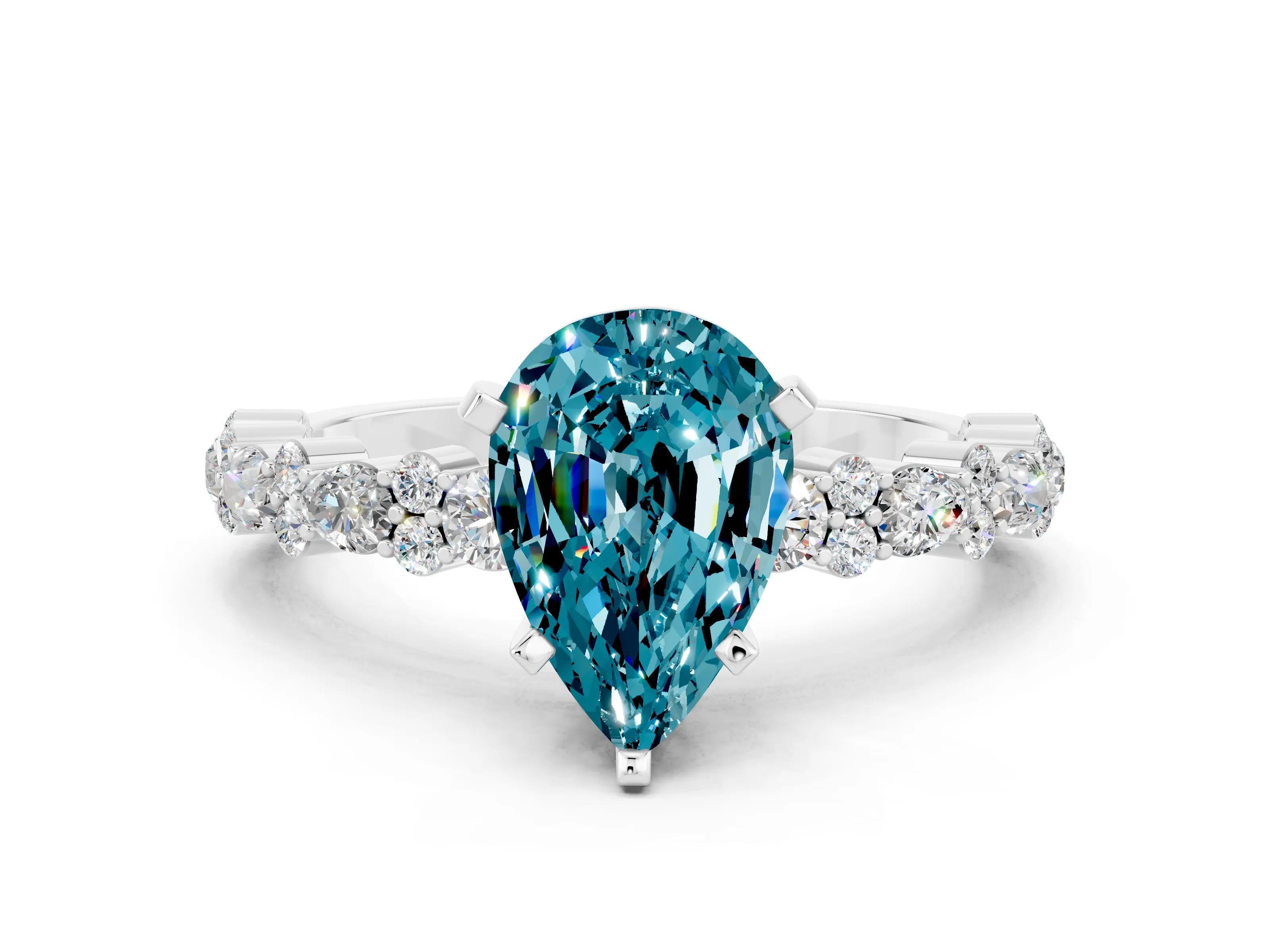 White gold Pear Cut Blue Topaz Solitaire with Side Stones, Pave Band, Four-Prong Setting_36