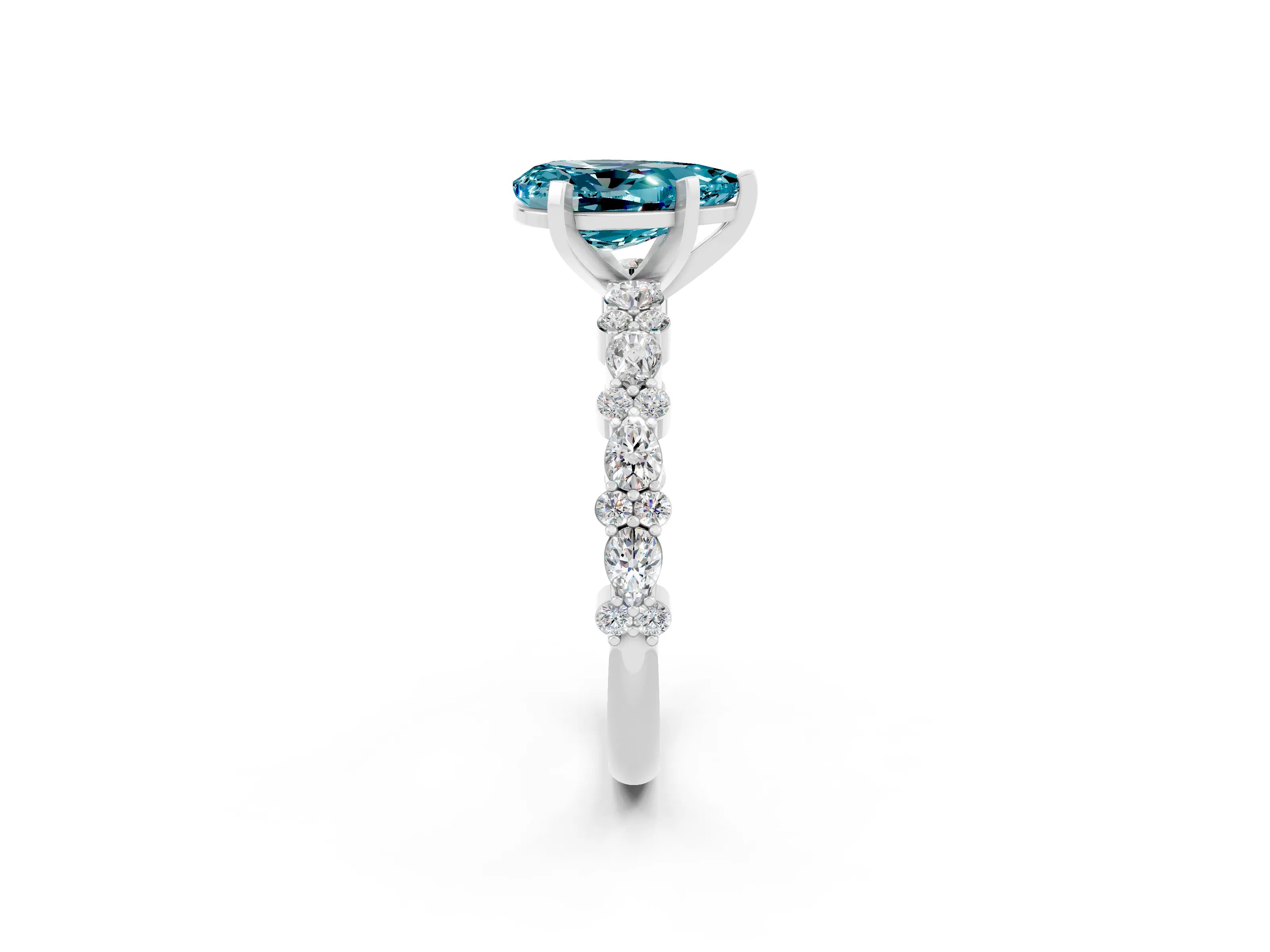White gold Pear Cut Blue Topaz Solitaire with Side Stones, Pave Band, Four-Prong Setting_38