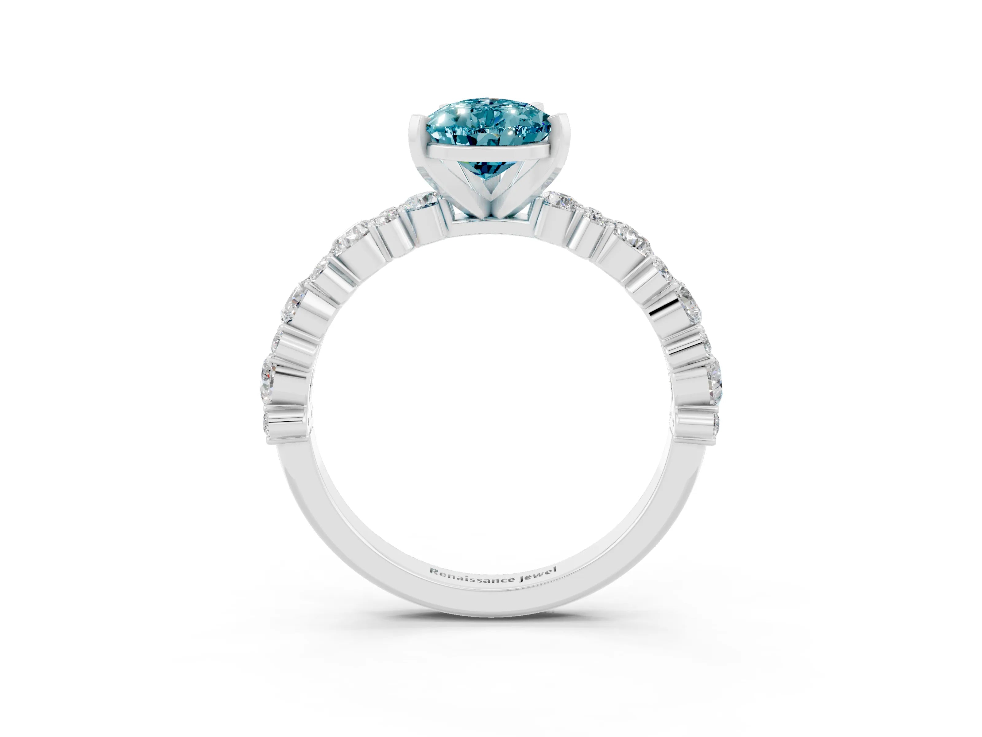 White gold Pear Cut Blue Topaz Solitaire with Side Stones, Pave Band, Four-Prong Setting_39
