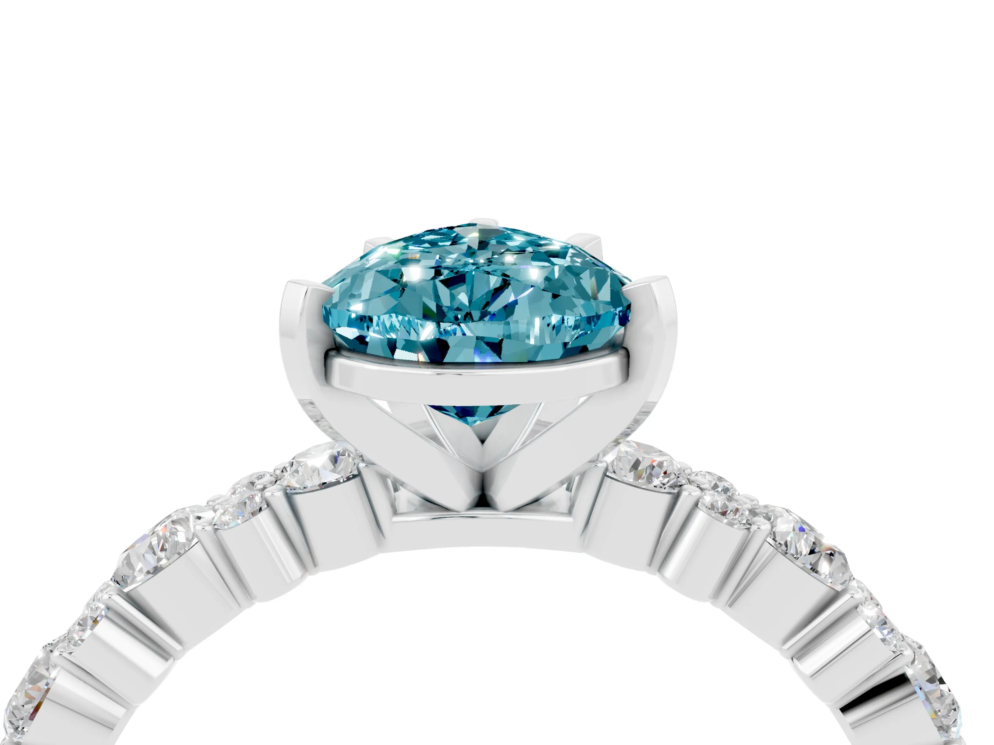 White gold Pear Cut Blue Topaz Solitaire with Side Stones, Pave Band, Four-Prong Setting_40