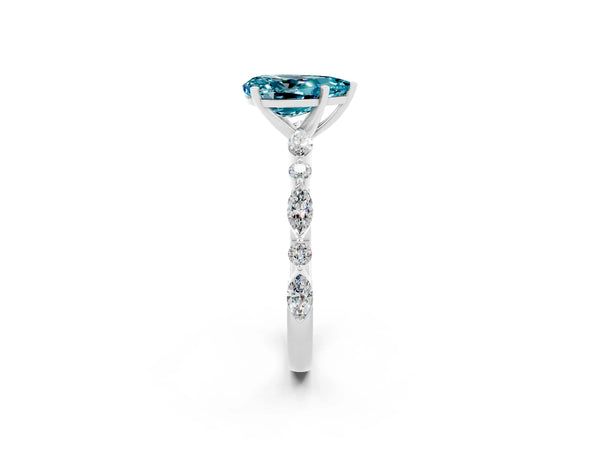 Silver Pear Cut Blue Topaz Ring with Marquise and Round  Side Stones and Four-Prong Setting