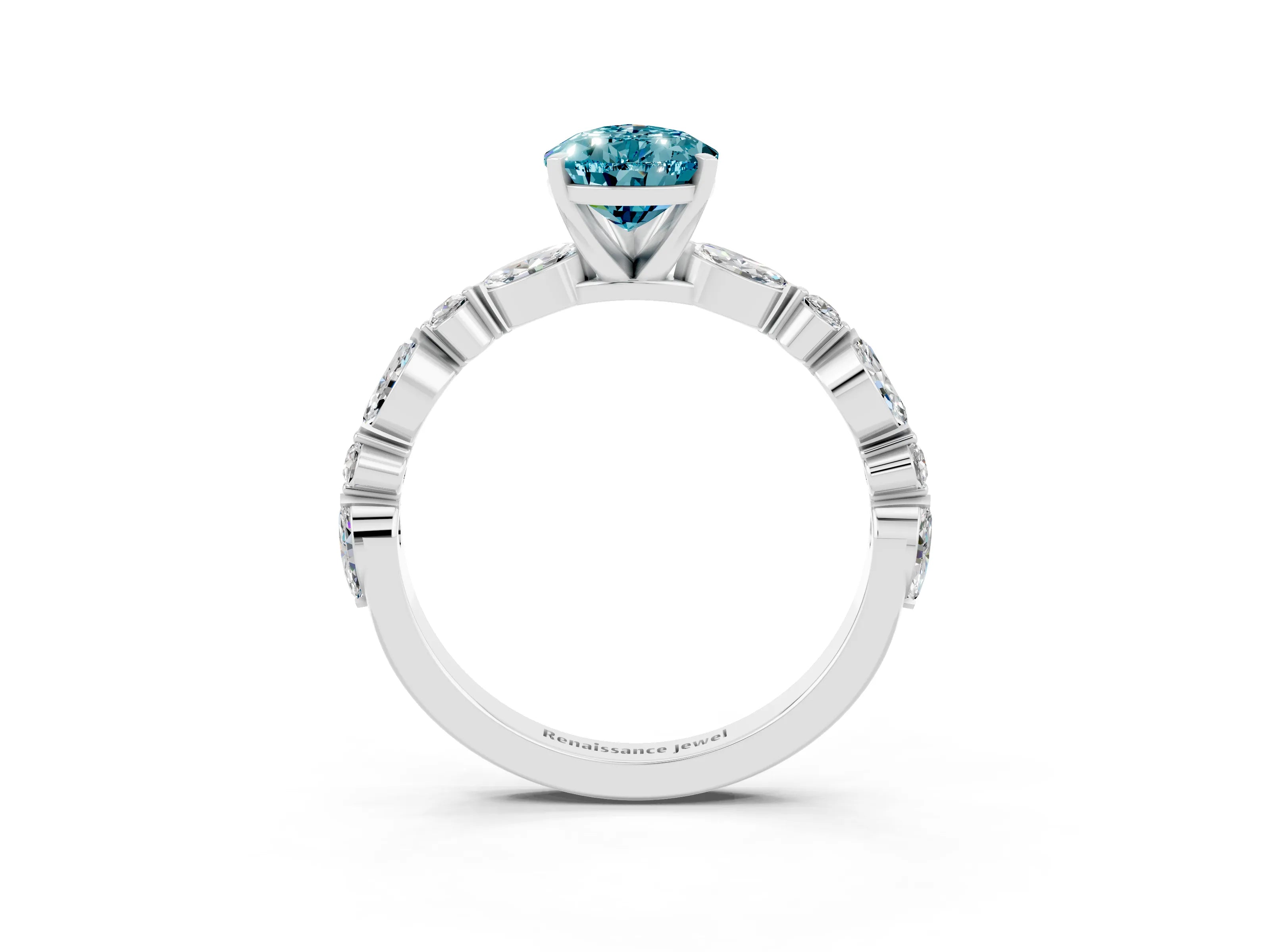 White gold Pear Cut Blue Topaz Solitaire with Side Stones on a Pavé Band and Four-Prong Setting_3