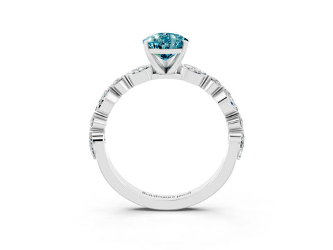 White gold Pear Cut Blue Topaz Solitaire with Side Stones on a Pavé Band and Four-Prong Setting_3