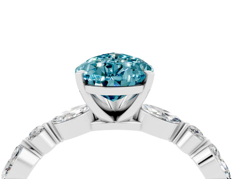 White gold Pear Cut Blue Topaz Solitaire with Side Stones on a Pavé Band and Four-Prong Setting_4