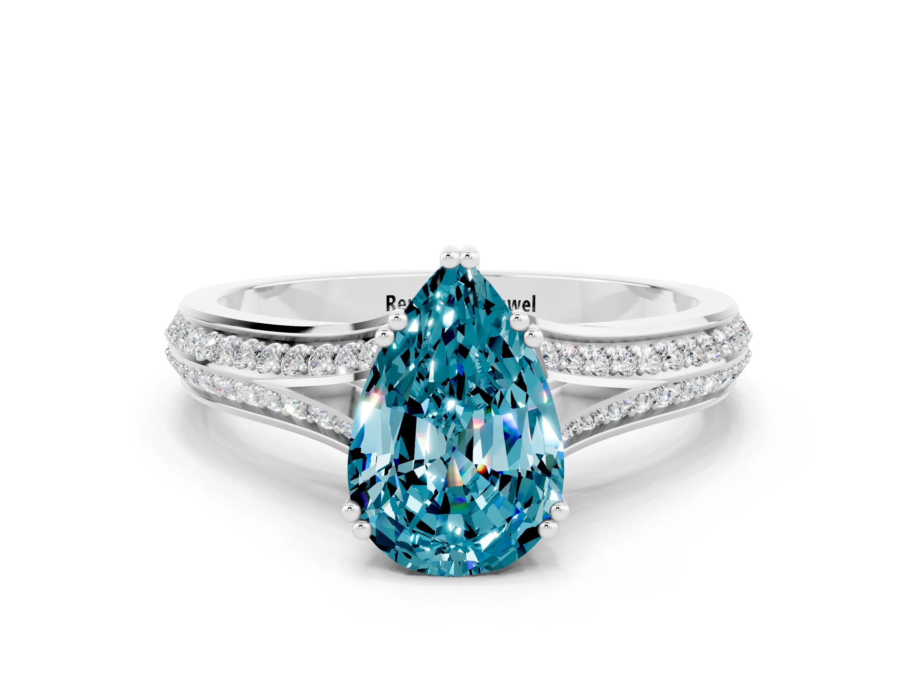 White gold Pear Cut Blue Topaz Split Shank Engagement Ring with Pavé Band