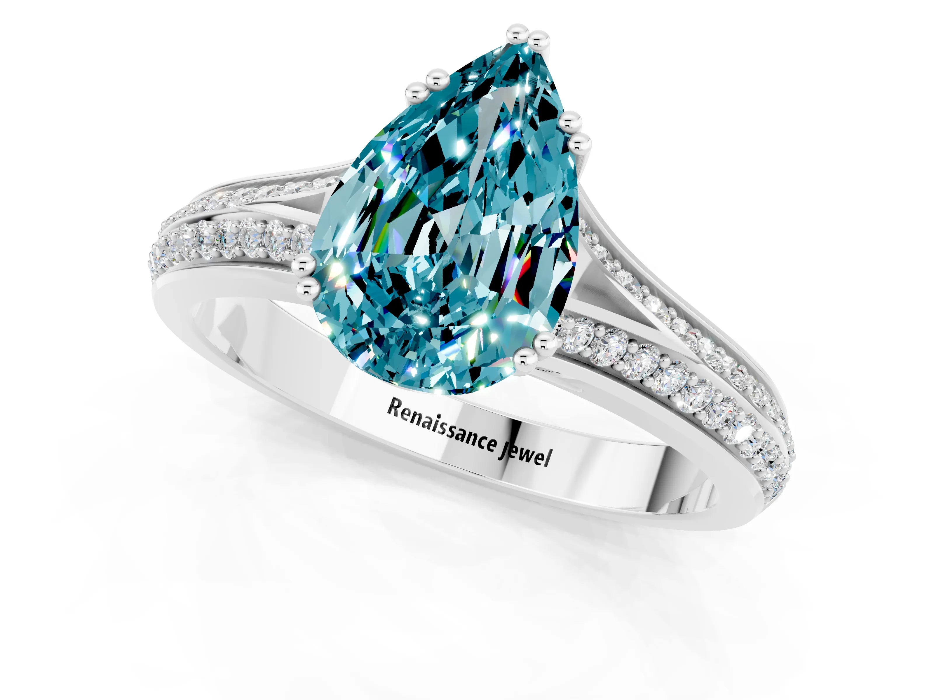 White gold Pear Cut Blue Topaz Split Shank Engagement Ring with Pavé Band_1