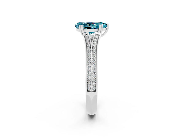 White gold Pear Cut Blue Topaz Split Shank Engagement Ring with Pavé Band