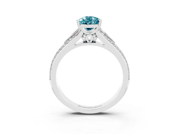 Silver Pear Cut Blue Topaz Split Shank Engagement Ring with Pavé Band