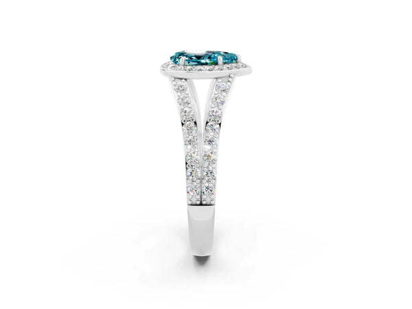 Platinum Pear Cut Blue Topaz Split Shank Halo Ring with Four-Prong Setting