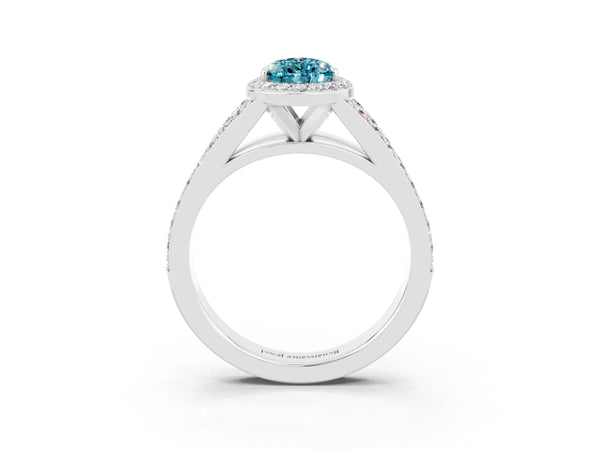 Silver Pear Cut Blue Topaz Split Shank Halo Ring with Four-Prong Setting