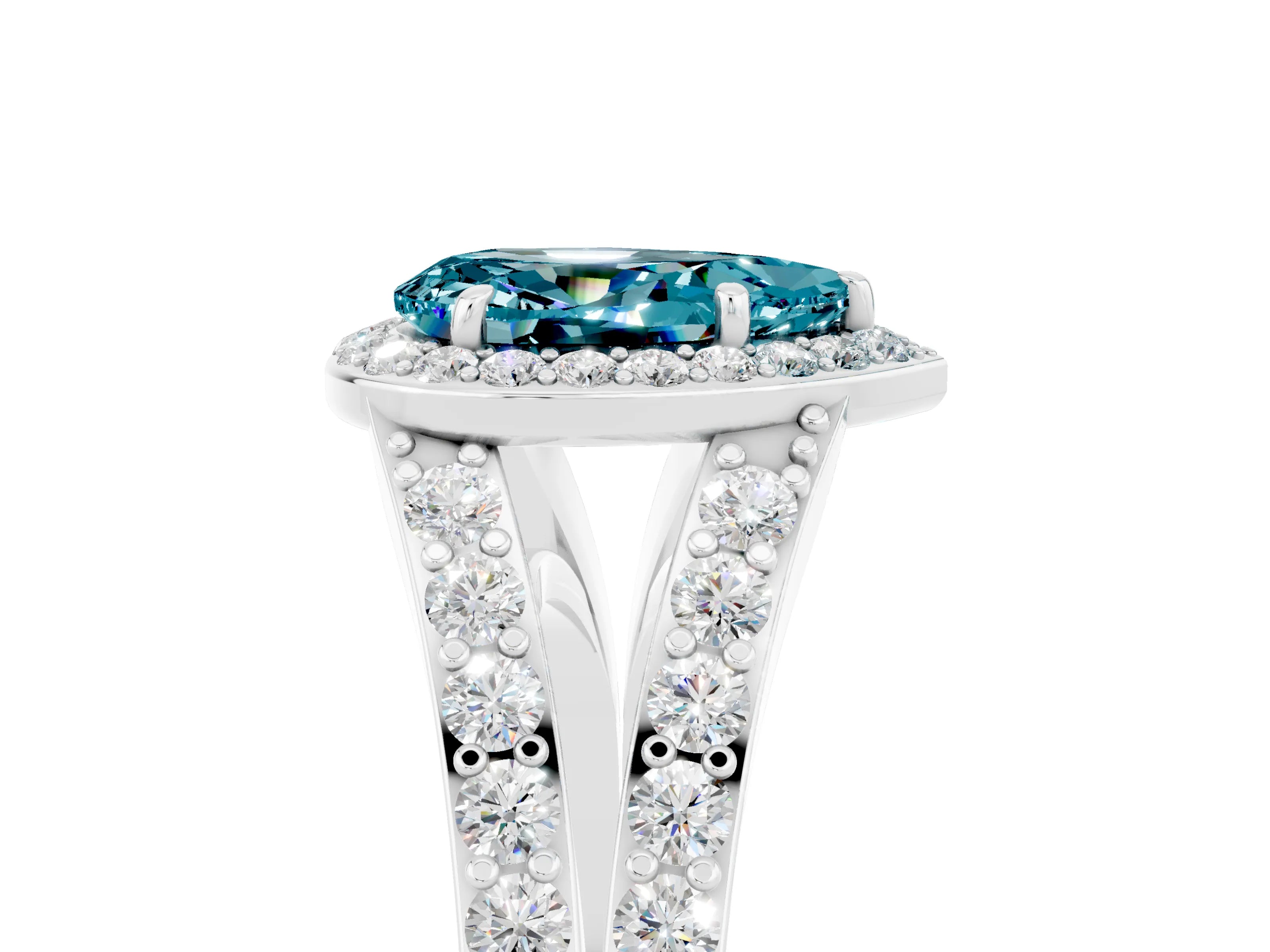 White gold Pear Cut Blue Topaz Split Shank Halo Ring with Four-Prong Setting_17