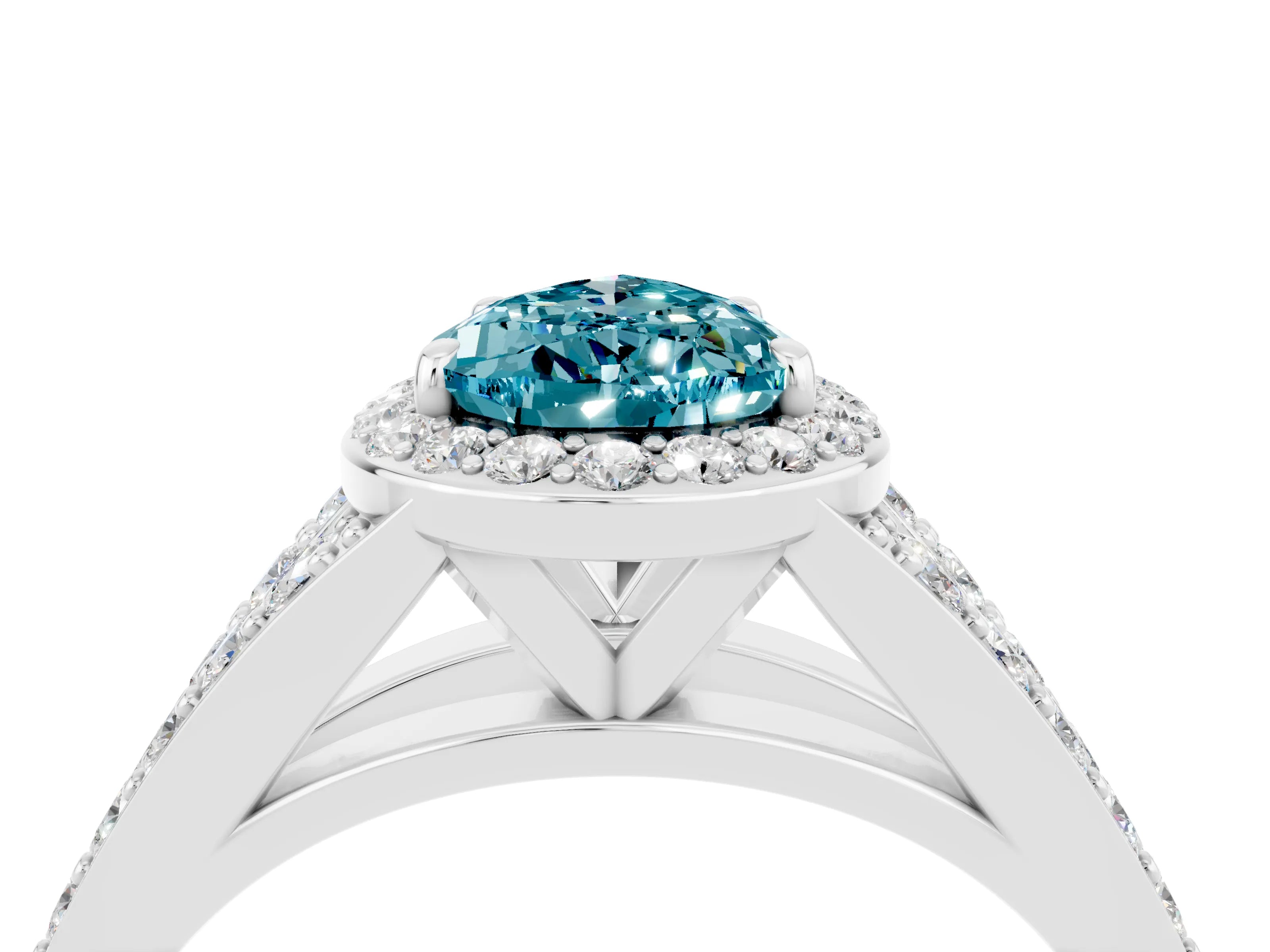 White gold Pear Cut Blue Topaz Split Shank Halo Ring with Four-Prong Setting_28