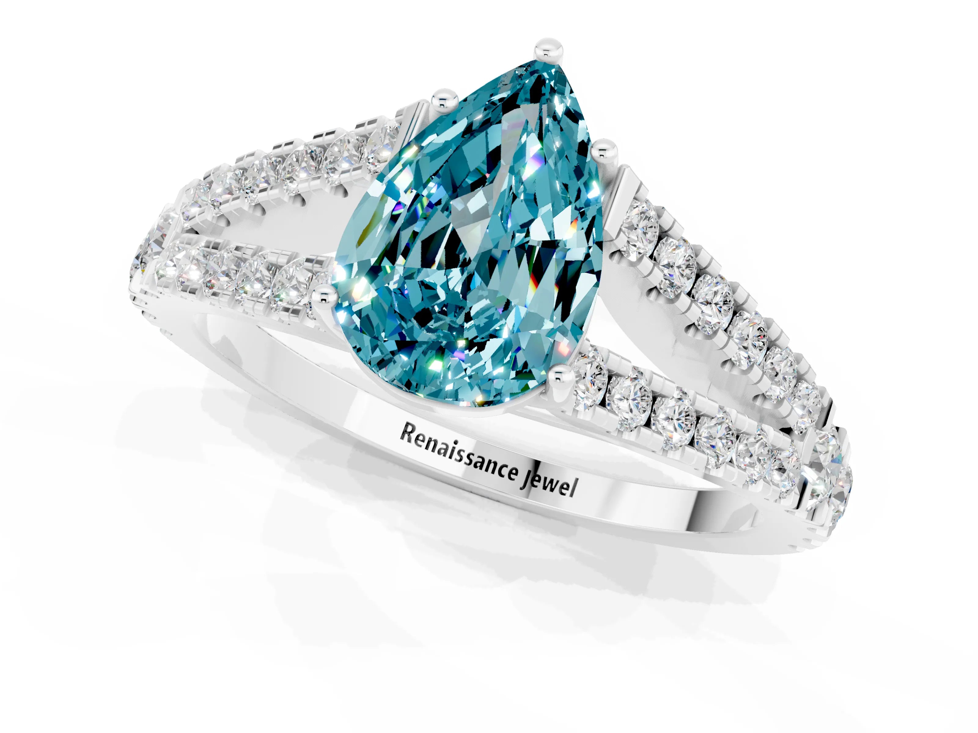 White gold Pear Cut Blue Topaz Split Shank Pavé Engagement Ring with Four-Prong Setting_13