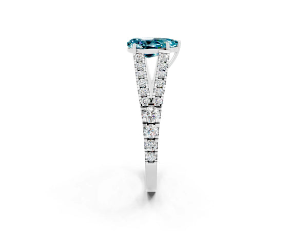 Silver Pear Cut Blue Topaz Split Shank Pavé Engagement Ring with Four-Prong Setting