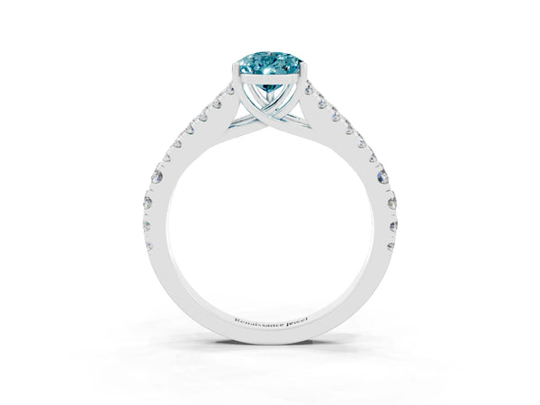 Platinum Pear Cut Blue Topaz Split Shank Pavé Engagement Ring with Four-Prong Setting
