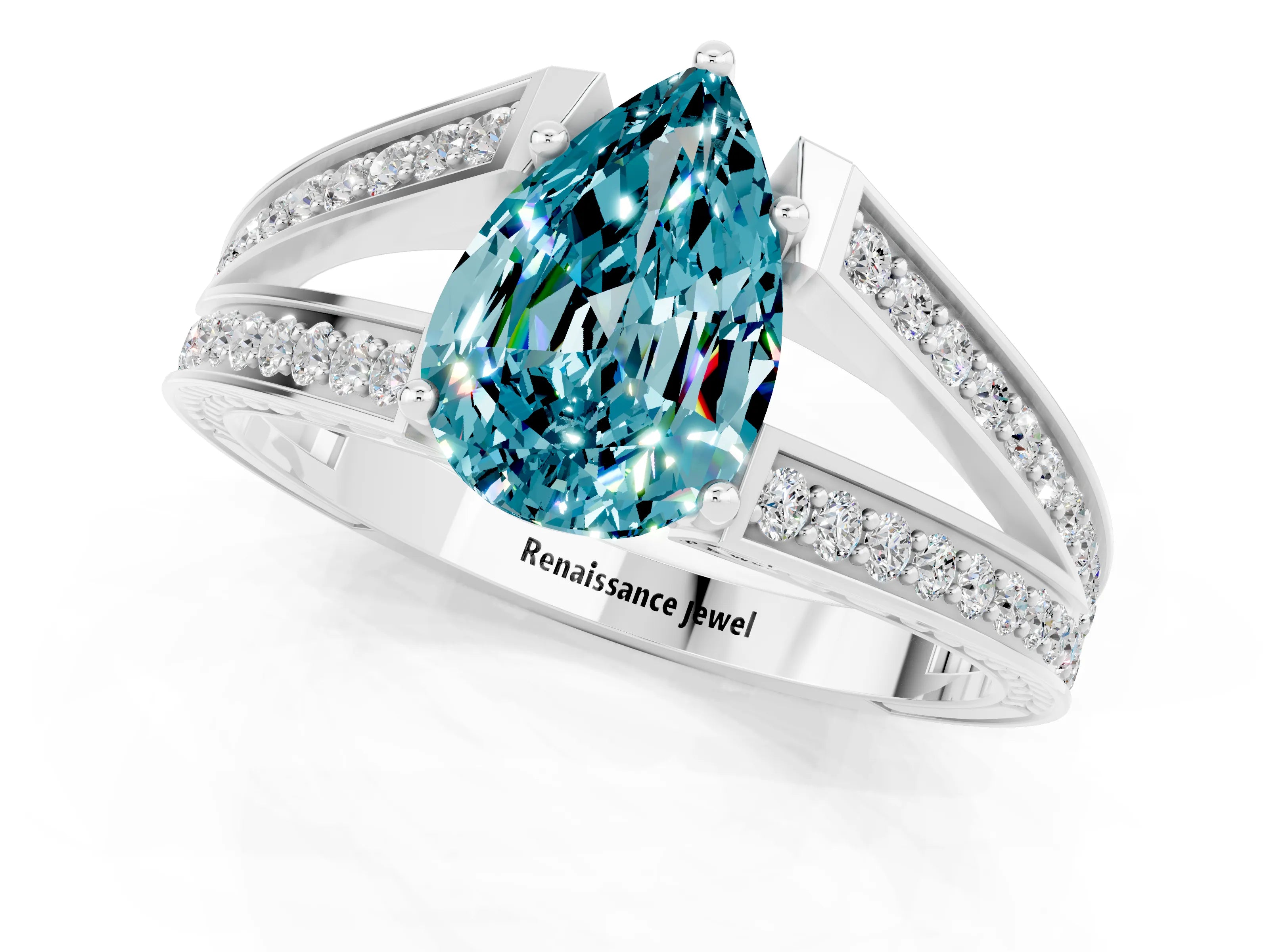 White gold Pear Cut Blue Topaz Split Shank Ring with Pavé Band and Four-Prong Setting_1