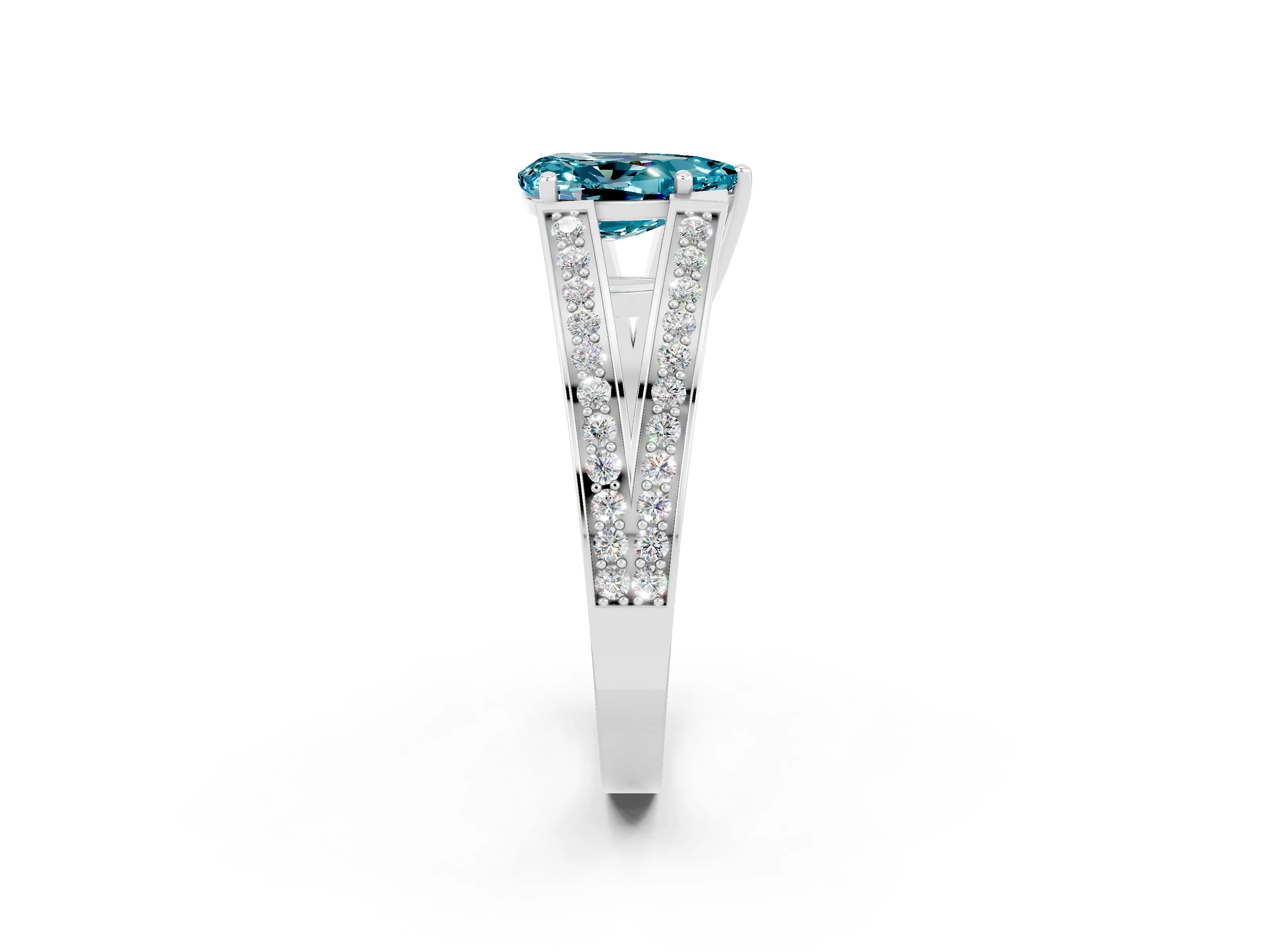 White gold Pear Cut Blue Topaz Split Shank Ring with Pavé Band and Four-Prong Setting_2