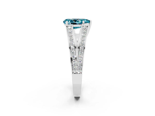 Silver Pear Cut Blue Topaz Split Shank Ring with Pavé Band and Four-Prong Setting