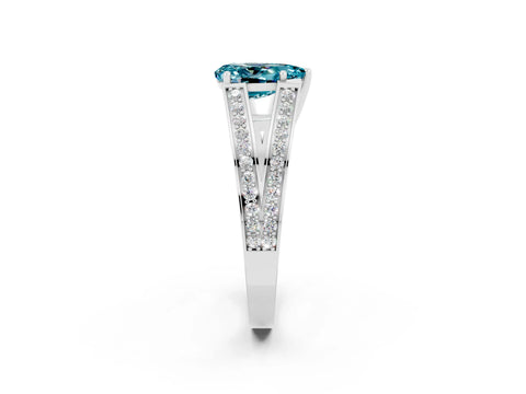 White gold Pear Cut Blue Topaz Split Shank Ring with Pavé Band and Four-Prong Setting_2