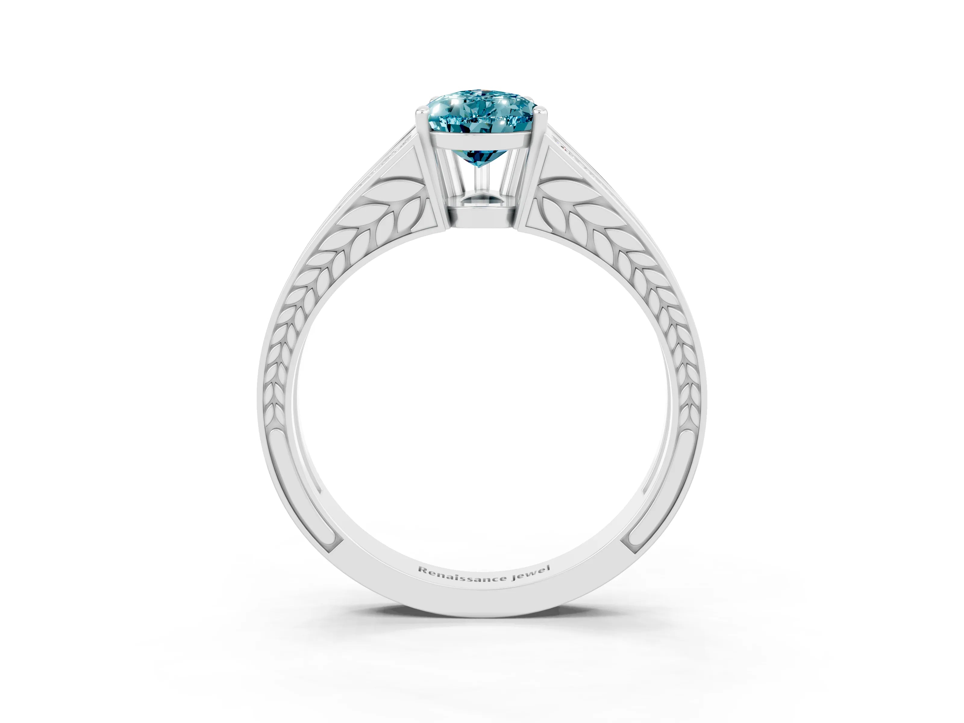 White gold Pear Cut Blue Topaz Split Shank Ring with Pavé Band and Four-Prong Setting_3