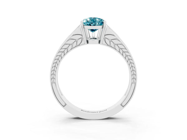 Silver Pear Cut Blue Topaz Split Shank Ring with Pavé Band and Four-Prong Setting