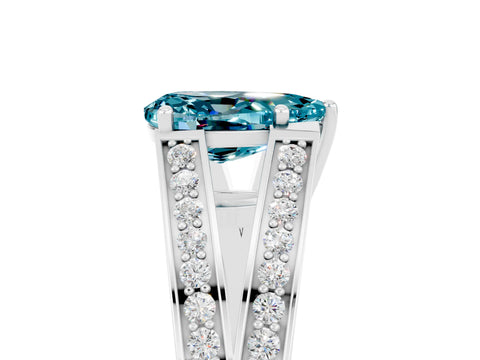 White gold Pear Cut Blue Topaz Split Shank Ring with Pavé Band and Four-Prong Setting_5