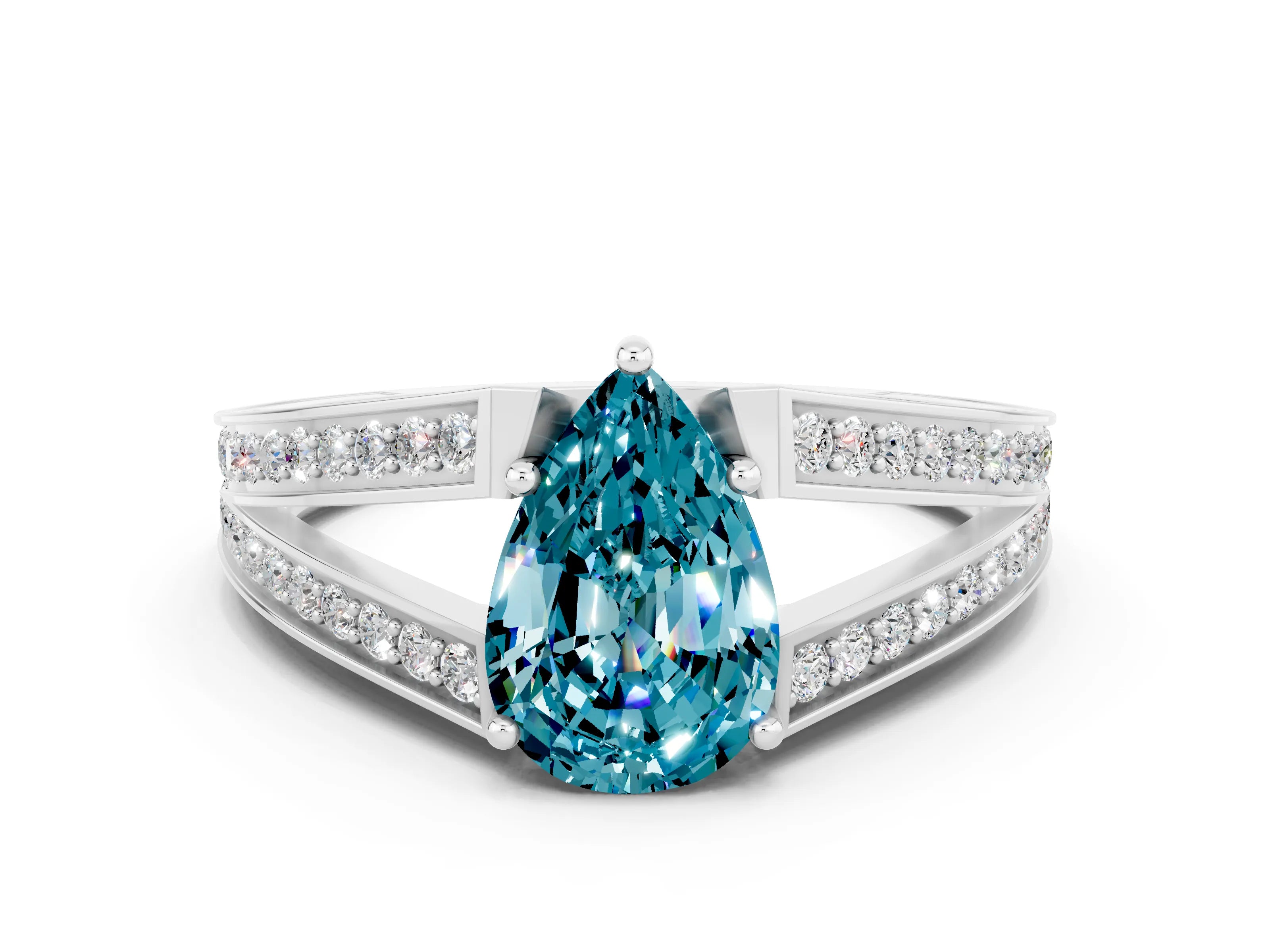 White gold Pear Cut Blue Topaz Split Shank Ring with Pavé Band and Four-Prong Setting