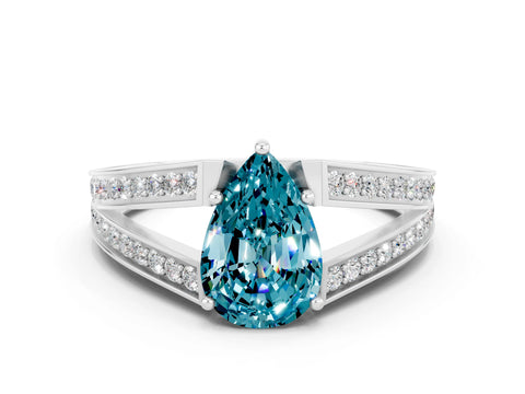 White gold Pear Cut Blue Topaz Split Shank Ring with Pavé Band and Four-Prong Setting