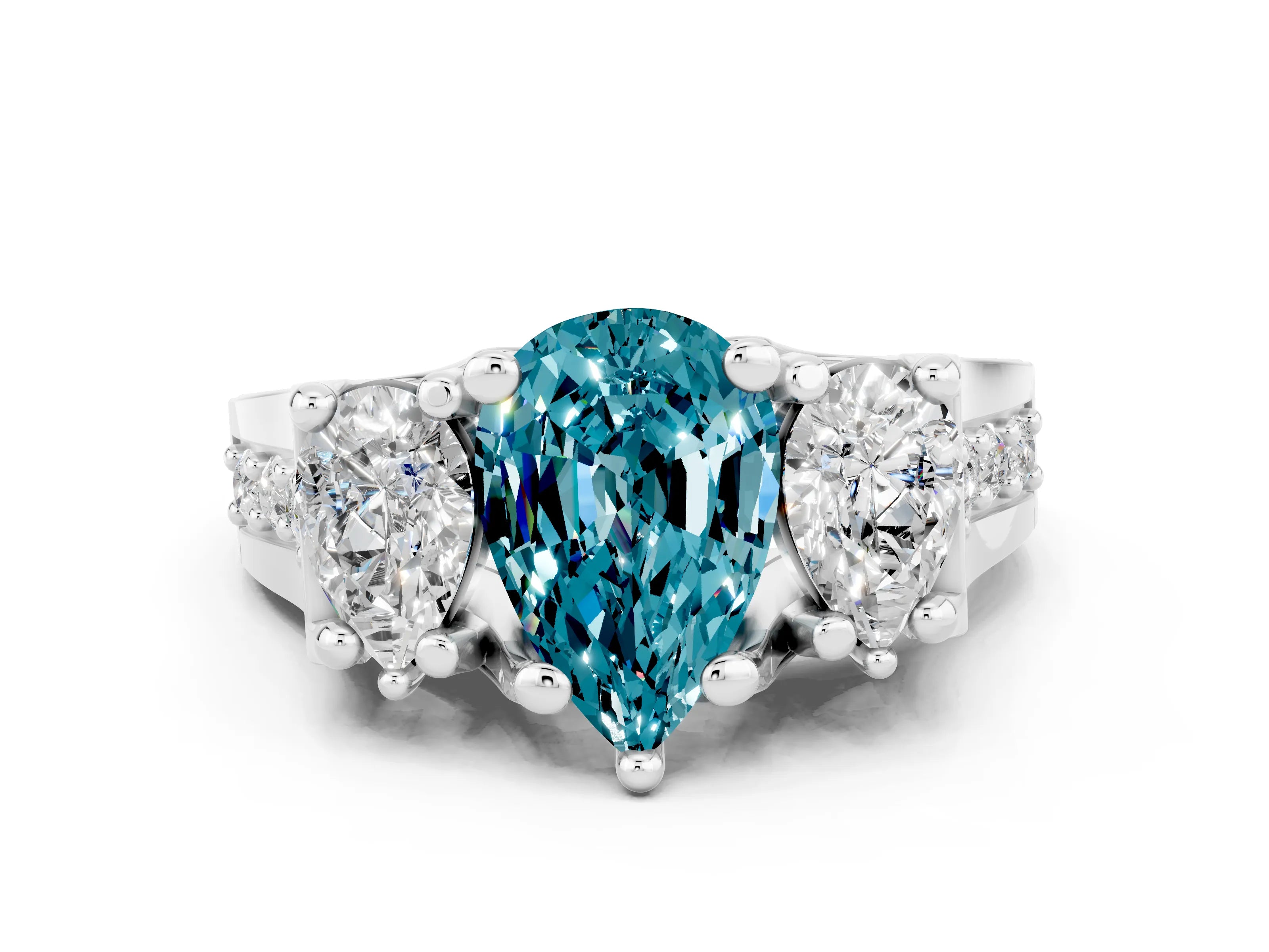 White gold Pear Cut Blue Topaz Three-Stone Ring with Channel Set Band and Four-Prong Setting