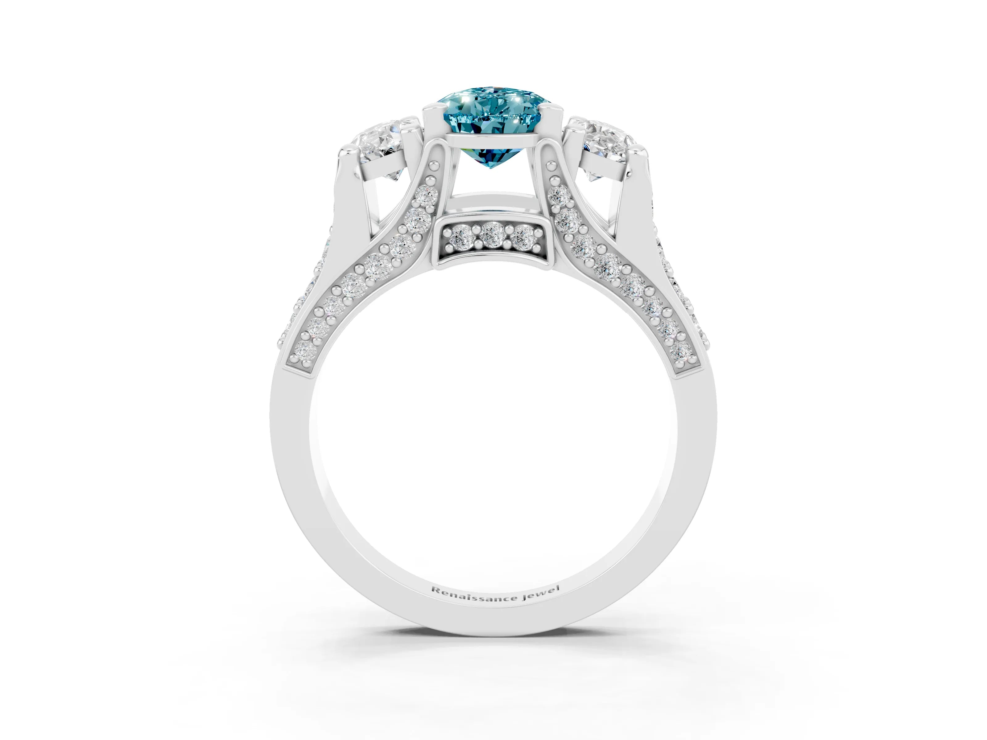 White gold Pear Cut Blue Topaz Three-Stone Ring with Channel Set Band and Four-Prong Setting_3