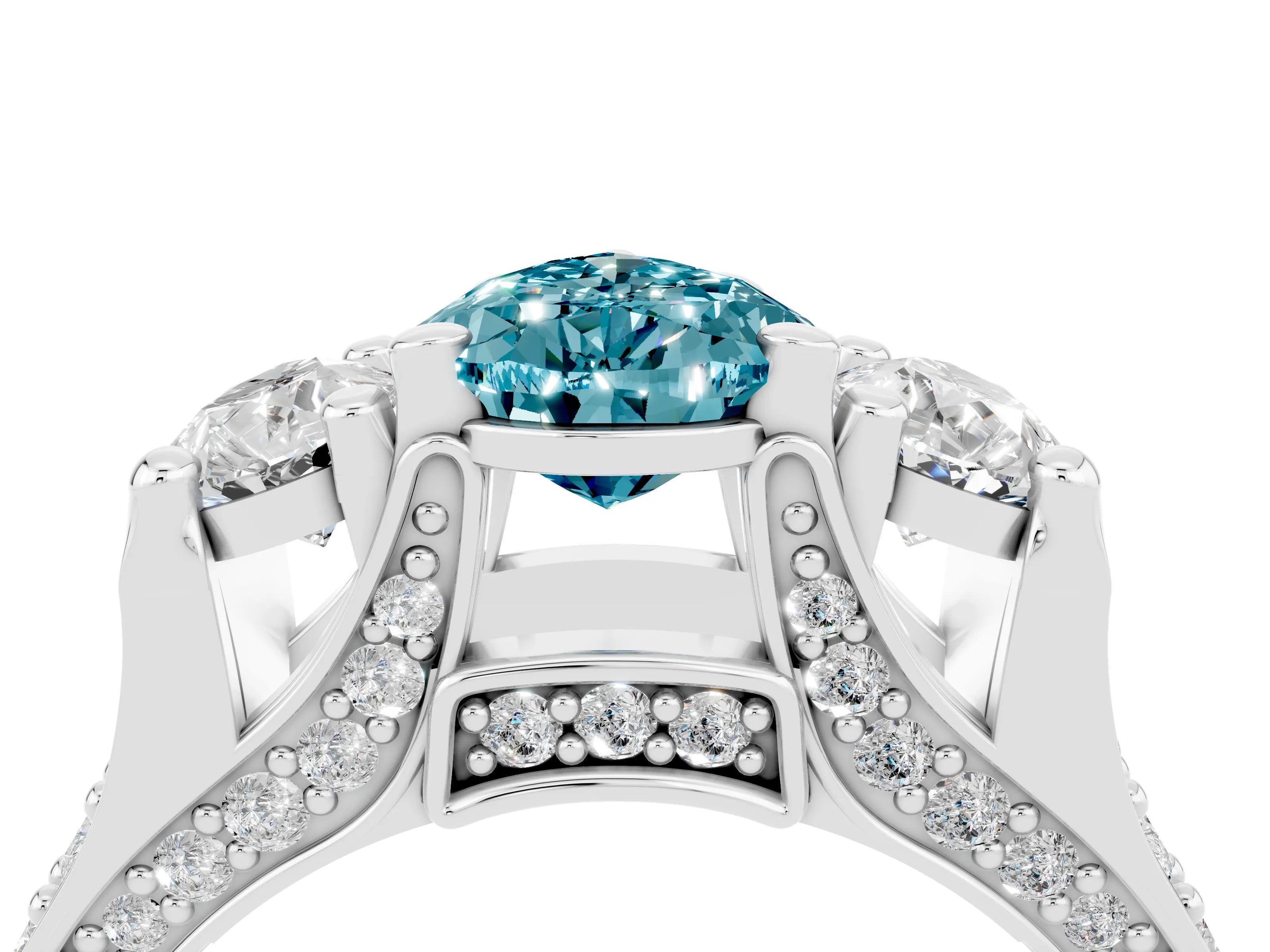 White gold Pear Cut Blue Topaz Three-Stone Ring with Channel Set Band and Four-Prong Setting_4