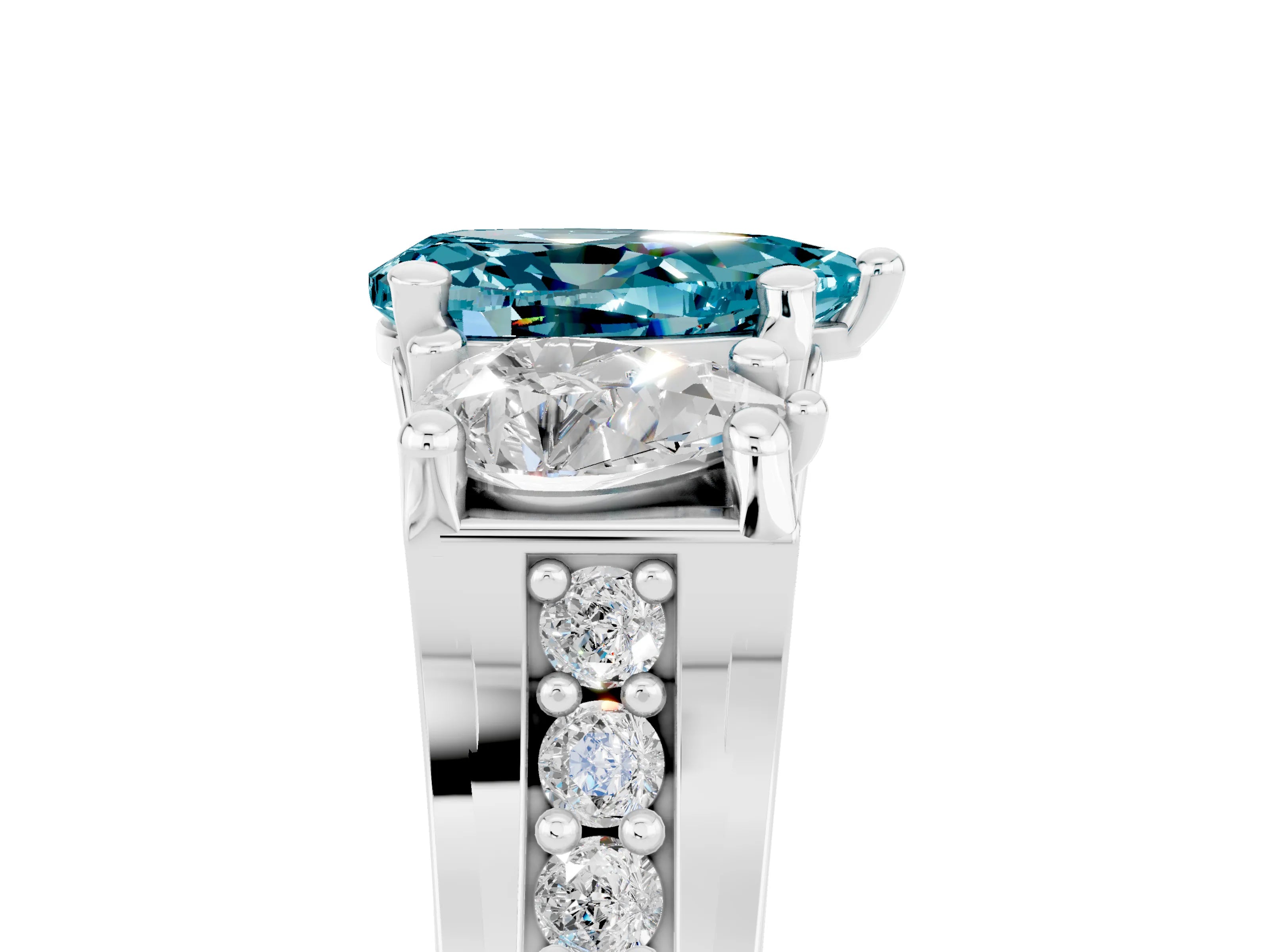 White gold Pear Cut Blue Topaz Three-Stone Ring with Channel Set Band and Four-Prong Setting_5