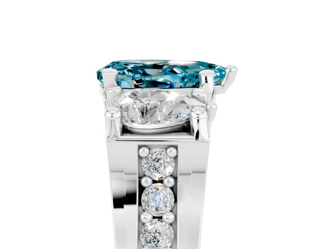 White gold Pear Cut Blue Topaz Three-Stone Ring with Channel Set Band and Four-Prong Setting_5