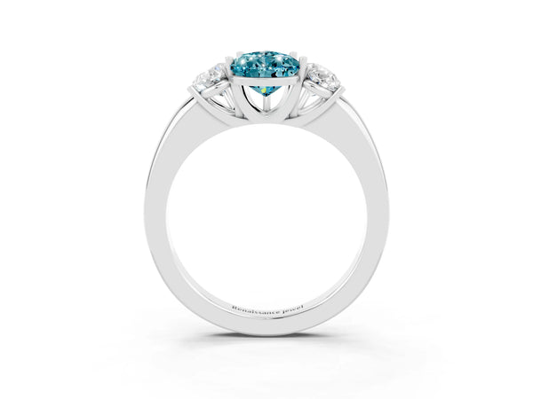 Platinum Pear Cut Blue Topaz Three-Stone Ring with Four-Prong Setting and Classic Band