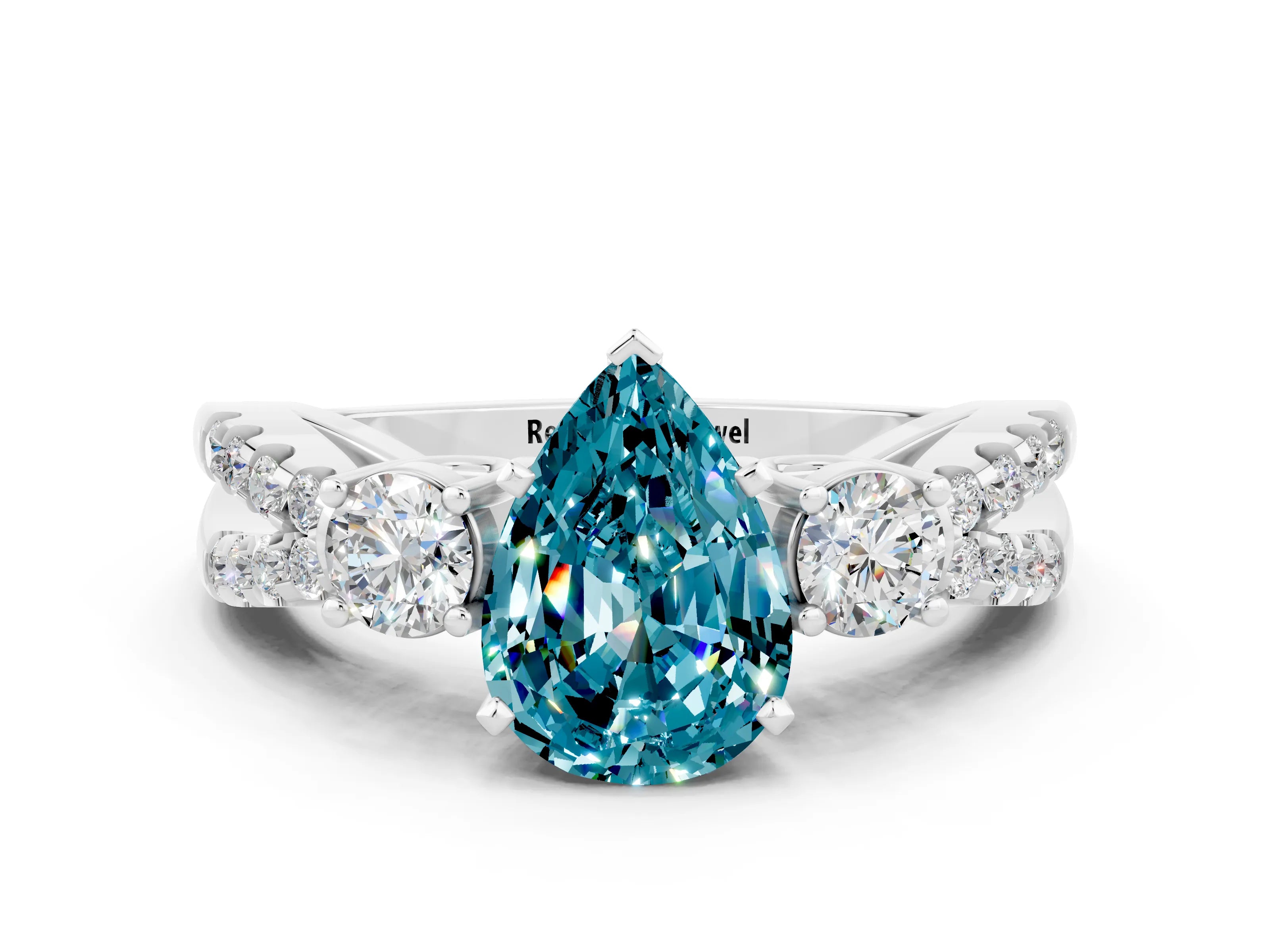 White gold Pear Cut Blue Topaz Three-Stone Ring with Pavé Split Shank and Four-Prong Setting_12