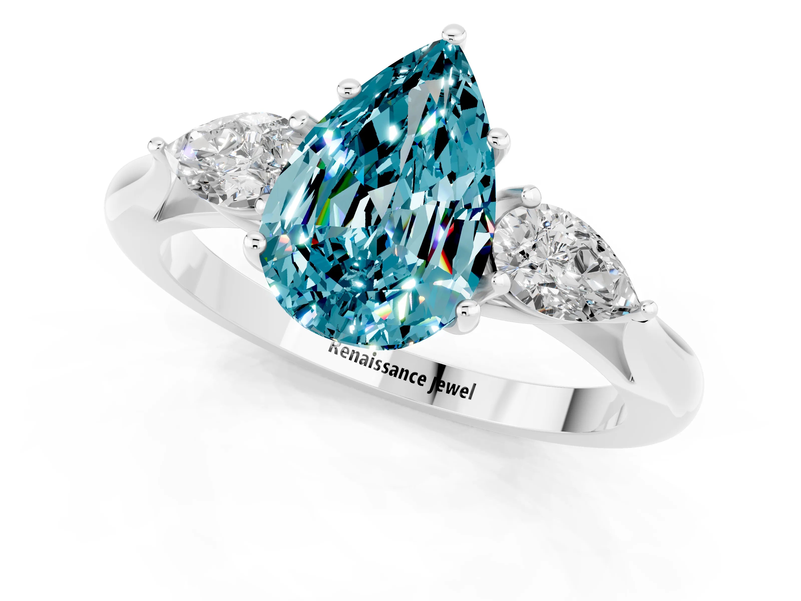 White gold Pear Cut Blue Topaz Three-Stone Ring with Pear Side Stones and Four-Prong Setting_32