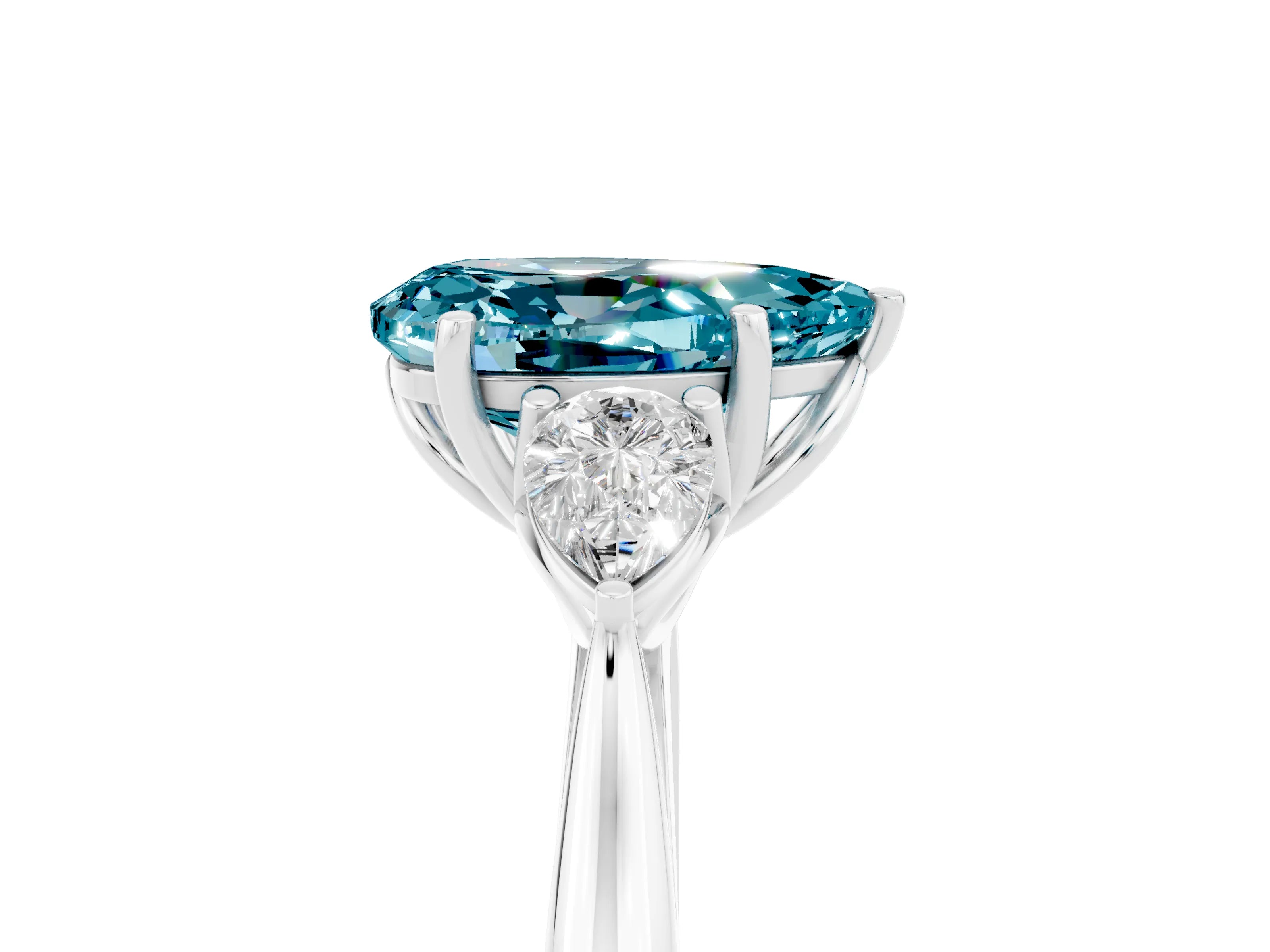 White gold Pear Cut Blue Topaz Three-Stone Ring with Pear Side Stones and Four-Prong Setting_36