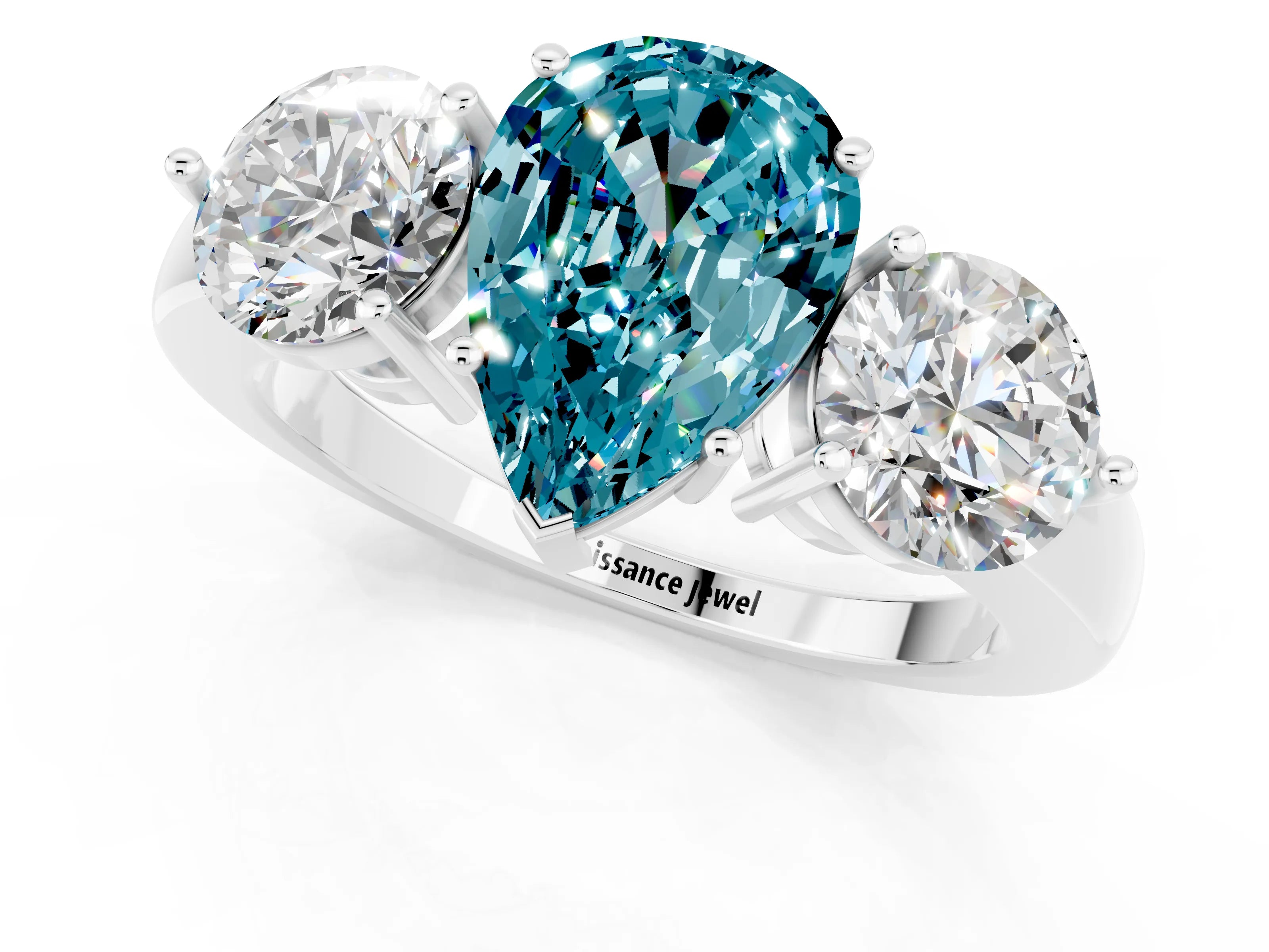 White gold Pear Cut Blue Topaz Three-Stone Ring with Prong Setting and Classic Band_1