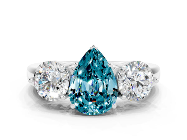 Silver Pear Cut Blue Topaz Three-Stone Ring with Prong Setting and Classic Band