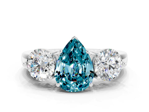 White gold Pear Cut Blue Topaz Three-Stone Ring with Prong Setting and Classic Band