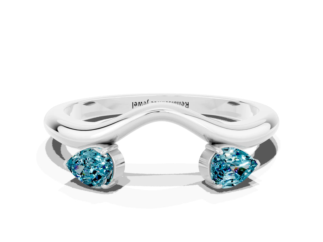 White gold Pear Cut Blue Topaz Two-Stone Open Band Ring with Prong Setting_6