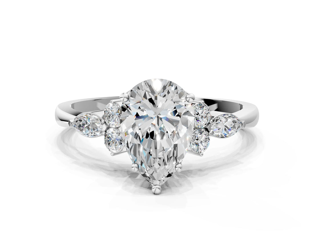 White gold Pear Cut Brilliant Diamond Solitaire Ring with Pear Side Stones and Four-Prong Setting_12