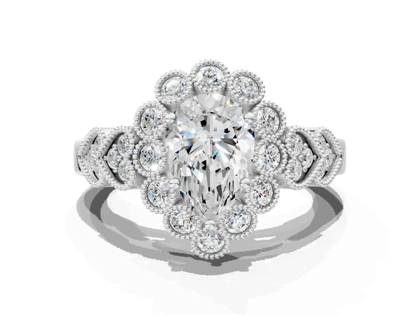 White gold Round Brilliant Milgrain Pave Heart Band Solitaire Ring