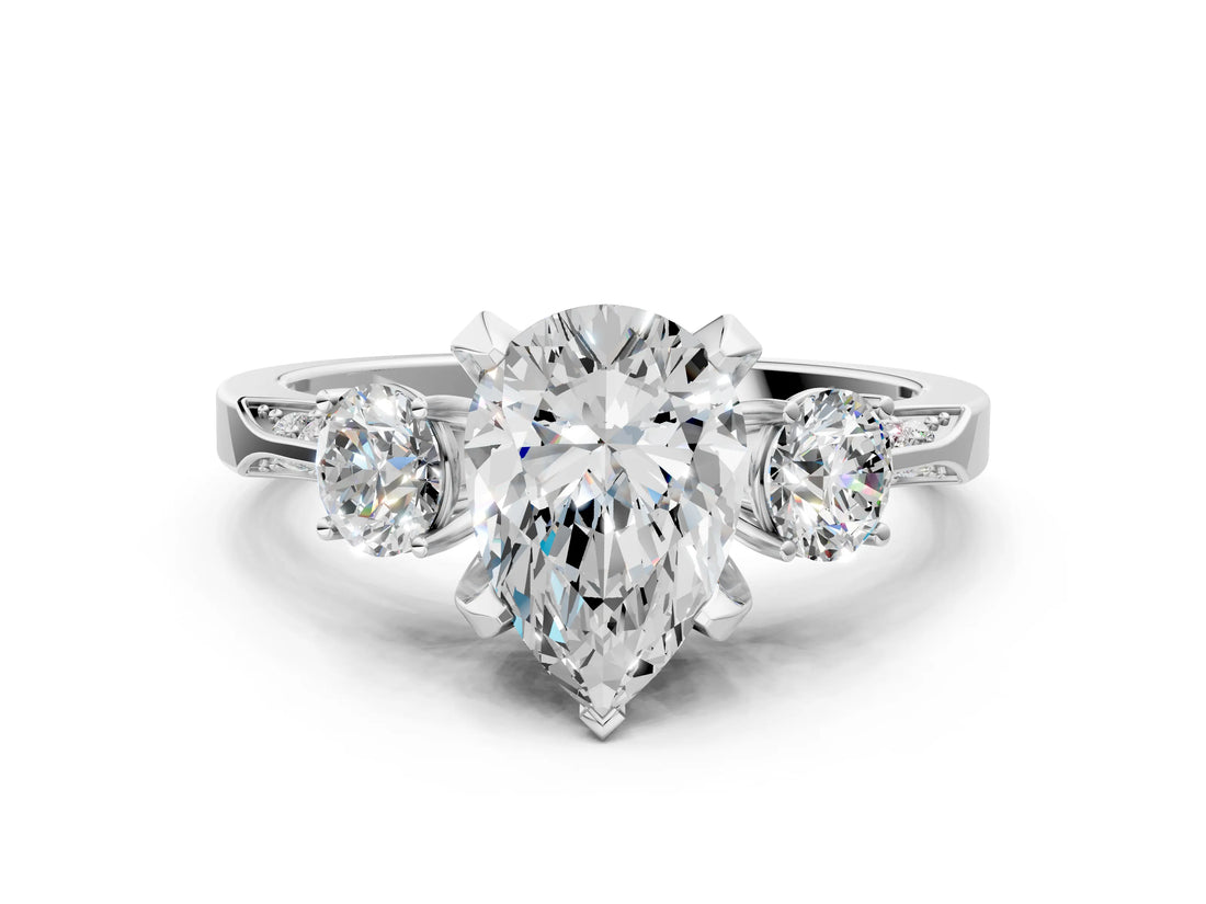 White gold Pear Cut Brilliant Three-Stone Diamond Ring with Pavé Band and Four-Prong Setting_7