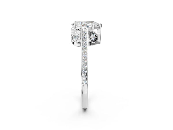 Platinum Pear-Shaped Vintage Cathedral Engagement Ring Setting with Pave Shoulders and Petal Gallery