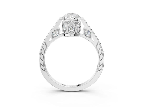 Platinum Pear-Shaped Vintage Cathedral Engagement Ring Setting with Pave Shoulders and Petal Gallery